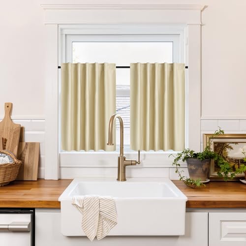 Image of RYB HOME 100% Blackout Short Curtains for Small Window, Thermal Insulated Noise Reducing Back Tab Curtains for Nursery Bathroom Basement, 42 inches Wide by 30 inches Long, Biscotti Beige