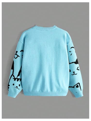 WDIRARA Girl's Cartoon Cat Print Round Neck Long Sleeve Cute Sweater Casual Pullovers2