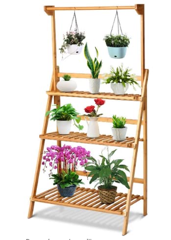 GOPLUS Plegable Estanteria Madera para Plantas, Soporte de Flores Plegable Ajustable en Altura para Jardín, Estante Decorativa de Macetas, Madera Maciza, Carbonizado 3 Capas, 70 x 40 x 120-144 cm