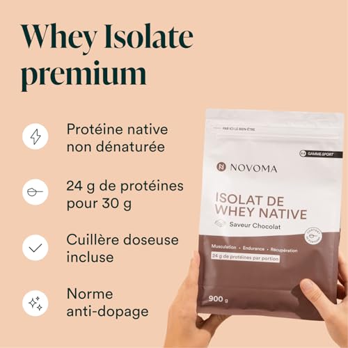 NOVOMA Whey Isolate Native, Protéine Pure Non Dénaturée, 24g de Protéines par Portion, Saveur Chocolat, Musculation et Récupération, 30 Portions, Sachet 900g, Fabriqué en France – Image 5