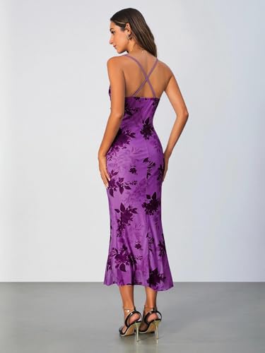 Image of SOLY HUX Women's Floral Mesh Bodycon Cami Dress Cowl Neck Sleeveless Cocktail Party Wedding Guest Long Maxi Dresses