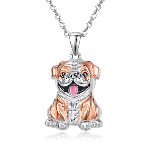TANGPOET Englische Bulldogge Anhänger Kette Schmuck Geschenke für Damen Frauen Mädchen Silber 925 Rose vergoldet Halskette für Bulldogge Liebhaber Mom...
