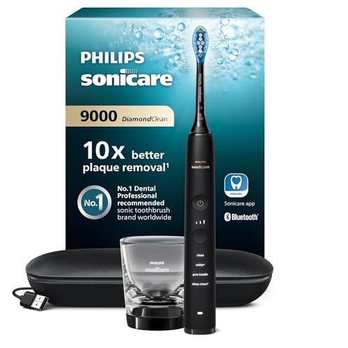 Philips Sonicare DiamondClean 9000 elektrische Zahnbürste, Schallzahnbürste mit App, Drucksensor, 4 Putzmodi, 3 Intensitätsstufen, Ladeglas und USB-Reiseetui, Schwarz, Modell HX9911/09