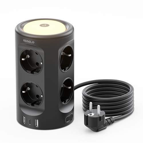 Torre Regletas Enchufes, Regleta USB 8 Tomas de AC y 3 USB, 2M Torre Enchufes Vertical con luz Nocturna y Interruptor,Regleta Enchufes Proteccion Sobretension, Enchufe Multiple para Mesa, Oficia, Casa