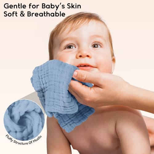 Image of Unnivoll Muslin Burp Cloths Baby 12''X12'', Baby Washcloths 6 Pack, 100% Cotton Baby Wash Cloths Absorbent and Soft for Newborn Infants Kids Boys Girls - Sapphire Blue