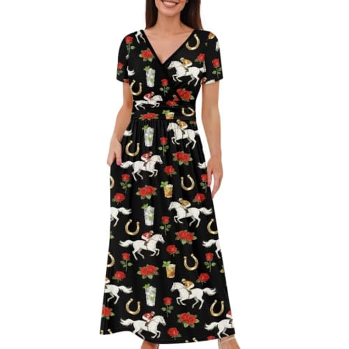 Image of Women's Fall Summer Short Sleeve Ankle Length V-Neck Party Dress with Pockets Size S-3XL