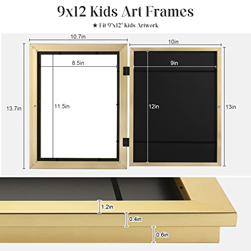 Image of [2Pack] Kids Art Frames, 9x12 Front Opening Kids Artwork Frames Changeable, Gold Artwork Display Storage Frame for Wall, Holds 50 Pcs, for 3D Picture, Crafts, Children Drawing, Hanging Art, Portfolio
