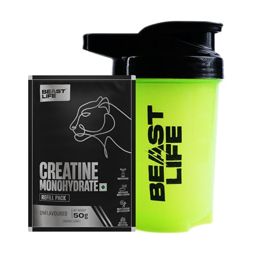 Image of Beastlife Pure Super Micronised Creatine & Shaker Pack | 50 g | 16 Servings | Unflavored | NABL Lab Tested | Rapid Absorption for Muscle Strength & Athletic Performance | Super Micronised Creatine Powder