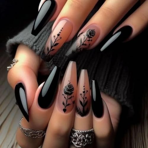 MISUD Press on Nails - Long Coffin Glue on Nails with Goth Black,...
