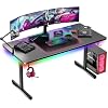 GTPLAYER Gaming Desk 55 Inch with LED Lights, Large Computer Desk with Mouse Pad for Home Office, T-Shaped Carbon Fibre Surface PC Game Workstations with Headphone Hook
