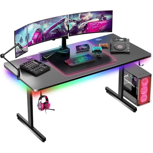 GTPLAYER Gaming Desk 55 Inch with LED Lights, Large Computer Desk with Mouse Pad for Home Office, T-Shaped Carbon Fibre Surface PC Game Workstations with Headphone Hook