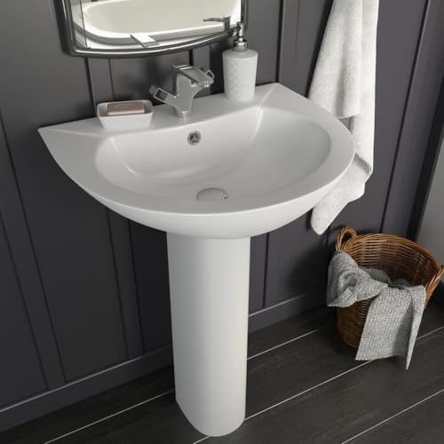 Lavabo a Colonna Autoportante, Lavandino Bagno Moderno in Ceramica Bianca con Troppopieno, Design Elegante per Bagno o Toilette, 520 x 440 x 190 mm