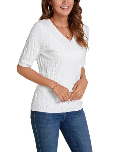 Image of MINTLIMIT Womens Short Sleeve Sweater Summer Pullover Shirt Tops Texture V Neck Casual Knit Tees Tops