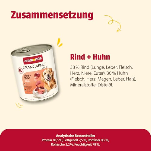 animonda GranCarno Hunde Nassfutter mit Rind + Huhn (6 x 800 g), getreidefreies Hundenassfutter ohne Zucker, für ausgewachsene Hunde, mit frischen fleischigen Zutaten