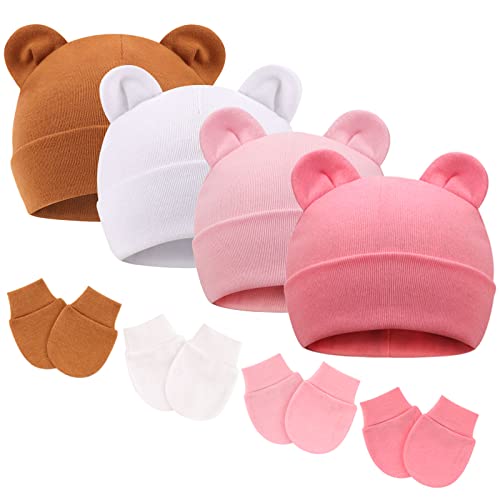 DRESHOW Bonnets de Naissance et Moufles de Protection Bébé Gants Bonnet Nouveau-né Bambin Doux Mignon Tricoté Chapeau 0-6 Mois, Taille Unique
