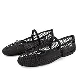 Picture of MICIFA Black Mesh Ballet Flats for Women Bow Fishnet Ballerina Flats Buckle Strap Mary Jane Flats Causal Daily Dress Shoes