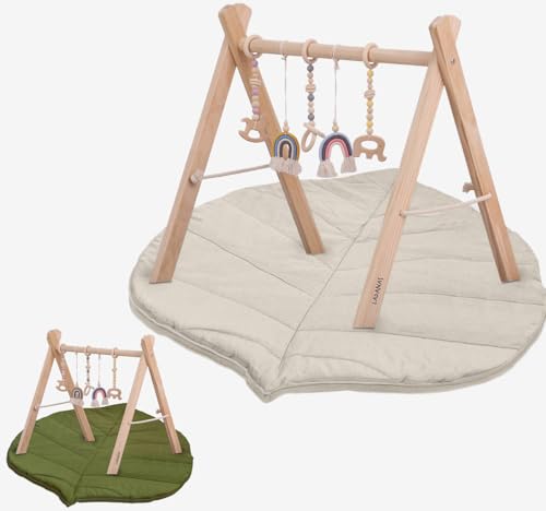 Ladanas Spielbogen Baby aus Holz inkl. 5 Spielzeugen & doppelseitiger Spielmatte...
