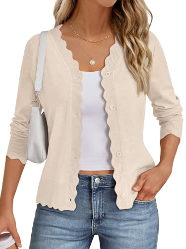 LILLUSORY Womens Cardigan Sweaters Long Sleeve Casual Lightweight Button Down V-Neck Fall Clothes 2026 Apricot M