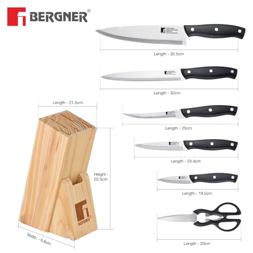 Image of Bergner Dusseldorf 7 Pcs Stainless Steel Knife Set - Chef Knife, Slicing Knife, Tomato Knife, Utility Knife, Paring Knife, Scissors and Wooden Block, Durable, for Kitchen and Restaurants - Black