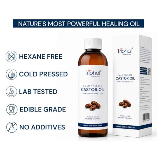 Image of TRIPHAL Cold Pressed Castor Oil - 500ml, Edible Grade, For Internal Consumption, Hair & Skin Massage, Joint Care, Paraben Free, Erand Tail /Arandi Ka Tel Mild Purgative Properties, Hexane Free