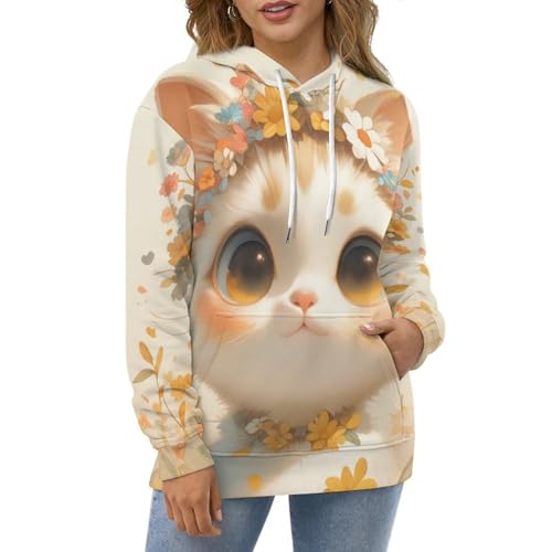 Sweat à capuche chat blanc et fleurs pull manches longues unisexe taille S - 2