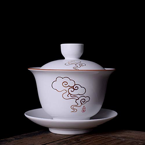 Image of Liang baobao Gaiwan 8oz Porcelain Teacup White Glazed with Golden Rim Tureen Chinese Gongfu Tea Cup Sancai Cover Bowl Lip Cup Saucer Set (Auspicious clouds)