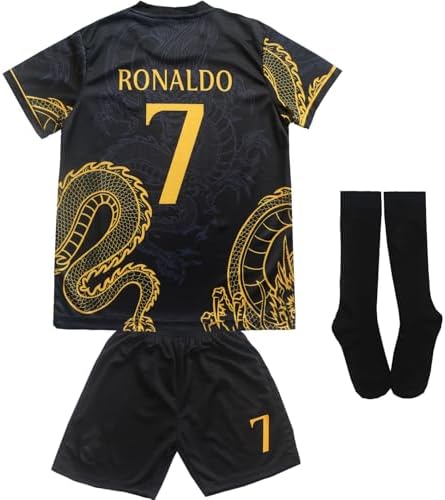 Madrid Ronaldo No #7 Special Dragon Edition Kids Soccer Jersey Kit Shorts Socks Set Youth Sizes (Black, 24 (6-7 Years Old)).