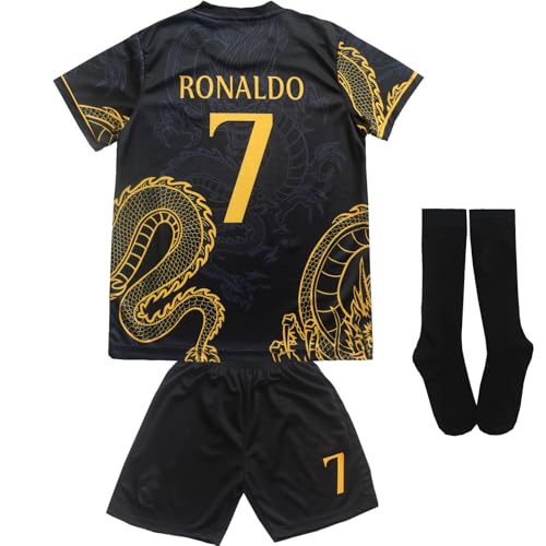 PURESTOF Madrid Ronaldo No #7 Special Edition Kids Soccer Jersey Kit Set Short Socks Youth Sizes (Black, 30 (12-13 Years))