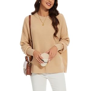 Women’s Crewneck Long Sleeve Oversized Sweaters 2025 Fall Side Slit Ribbed Knit Pullover Sweater Tops