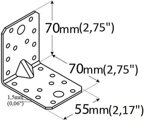 Angle Brackets Corner Braces Galvanised 2,75"x 2,75"x 2,17"x 0,06" (70 x 70 x 55 x 1,5mm) Pack of 5pcs Silver - Image 3