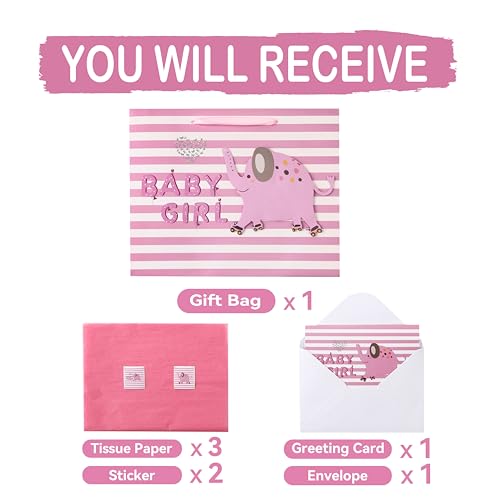 Image of wishinside 13 inch Large Pink Gift Bag Set with Greeting Card and Tissue Paper(3D elephant) for Baby Girl,Baby Shower,Kids Birthday Party,Newborn,New Moms or Parents-13 inch x 5.2 inch x 10.2 inch, 1 Pcs.