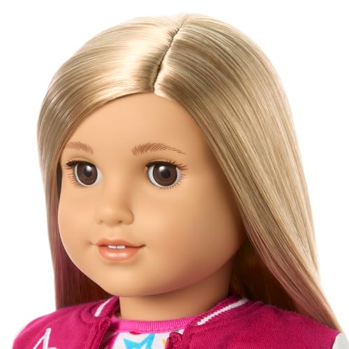 Image of American Girl Truly Me 18-inch Doll #131 with Brown Eyes, Straight Blonde Hair, Light-to-Medium Skin + Pink Hearts Hoodie Dress with Sunglasses, for 18-inch Dolls, Ages 6+ Bundle