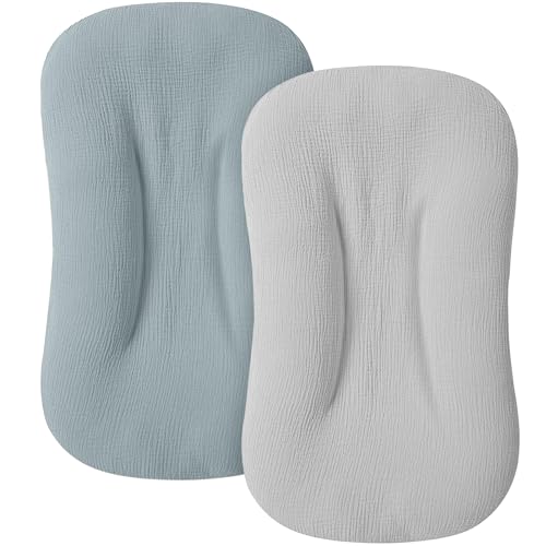 Image of MairMore Muslin Baby Cover for Newborn, Soft and Breathable 100% Cotton Lounger Slipcover Neutral, Pack of 2(Blue, Grey)