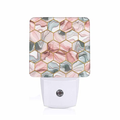 Image of LED Night Light Lamp with Smart Sensor Dusk to Dawn Sensor,Abstract Gray Red Hexagon Texture Night Light Daylight White,0.5W Plug-into Wall for Adults,Bedroom,Bathroom,Hallway,Kitchen