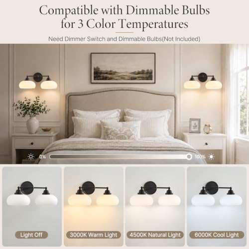 Image of Vintage Milk Glass Wall Sconce,2 Lights Matte Black Bathroom Vanity Light | Mid Century Modern Black Bathroom Sconce over Mirror,Milk White Glass Wall Lights Decor Lamp for Bedroom Living Room Hallway