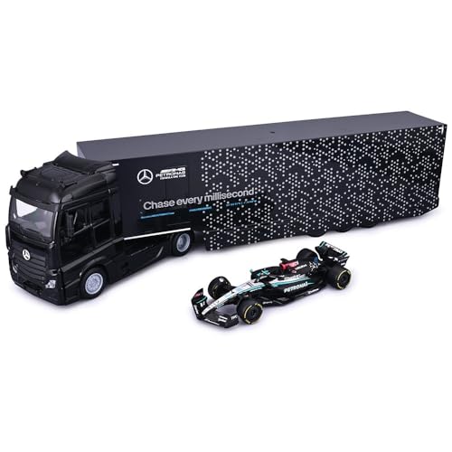 BBURAGO - Mercedes-AMG Semi Truck con Mercedes W15 (2024) #63 Russell, Set Diecast a Escala 1:44, Camión Detallado con Coche de F1, Licencia Oficial Mercedes, Edad Recomendada 3+ Años