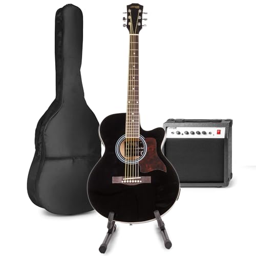 MAX Guitarra Electroacústica Set Completo - Cuerpo Dreadnought, Amplificador 40W, Funda, Soporte, Afinador, Púas, Correa, Cuerdas Repuesto - Ideal para Principiantes y Profesionales