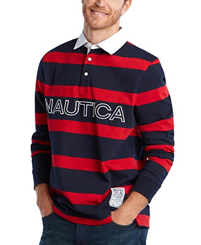 Nautica Men's Classic Fit Long Sleeve Jersey Polo in Stripe, Navy, Medium