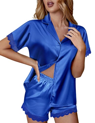 Image of Ekouaer Womens Lace Satin Pajama Set Button Down Pj Shorts Set Bridesmaids Getting Ready Outfits Casual Sleepwear XS-XXL