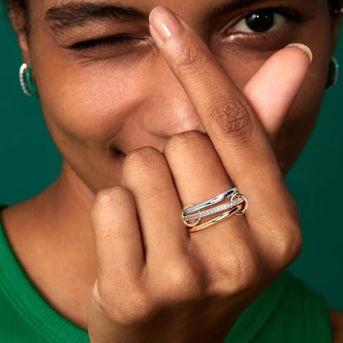 RINEY&KY 18K Gold Plated Moissanite Stackable Rings for Women, Two Tone Interlocking 3 Ring Set S925 Silver Stacking Ring Non Tarnish Dainty Everyday Statement Lab Diamond Eternity Wedding Band Certified Moissanite Gemstone Size 5-10US3