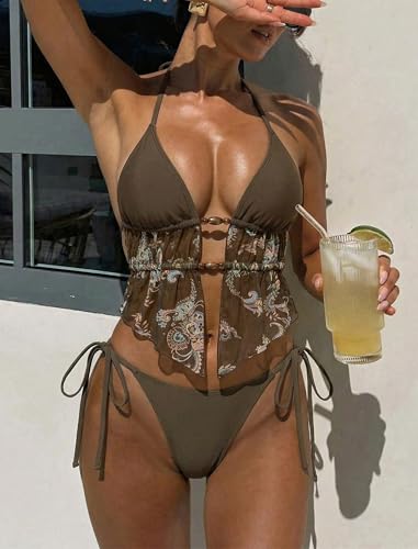 Image of ZAFUL Halter Swimsuits for Women Textured Backless 2 Piece Bathing Suits Cheeky High Cut String Tie Side Bikini Sets