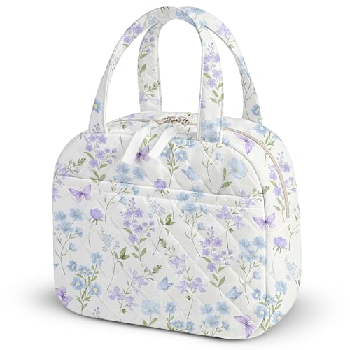 WOBAGMEN Quilted Lunch Box for Women,Coquette Aesthetic Lunch Box for Teen Girls,Cute Floral Lunch Bags for Work, School,Office,Picnic,Travel (Floral Butterfly)