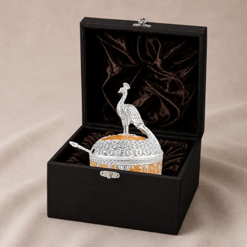 Image of DIVINITI Luxury German Silver Peacock Decorative Bowl with Spoon & Gift Box | Royal Decorative Serving Bowl for Dry Fruits, Mishri & Table Decor | Premium Wedding & Festive Gift (16 cm) (Peach)