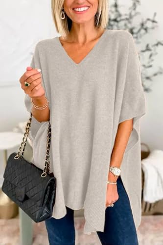 Image of Pinclodly Womens Poncho Sweater Women V Neck Ponchos and Wraps Batwing Sleeveless Shawl Pullover Sweaters Women's Clothing