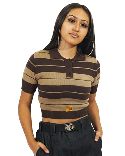FB County Charlie Brown Striped Crop Top, Brown and Tan, Extra Small - Premium Cotton Blend, Collar Crop Top for Women’s Streetwear