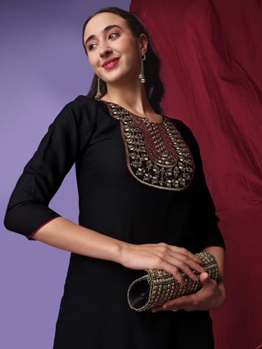 Image of Naixa Women's Viscose Rayon Embroidered Straight Kurta with Pant and Dupatta Set (NK-335)