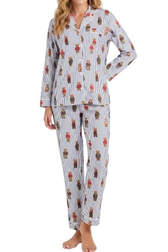 Image of LUBOT Christmas Pajamas for Women 100% Cotton Pajama 2 Piece PJ Set Soft Long Sleeve Button Xmas Print Loungewear XS-XXL