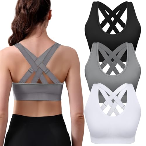 Image of Double Couple 3 Pack Sports Bras for Women Medium Support Adjustable Padded Crossback Sports Bra for Yoga Gym