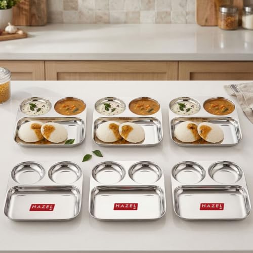 Image of HAZEL 3 Section Plate Stainless Steel Bhojan Thali Set of 6 for Idli Sambar
