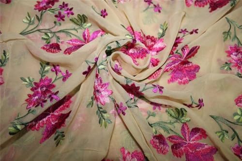 Georgette 100% soie brodée champagne rose vert 111 cm tissu au mètre couture de luxe